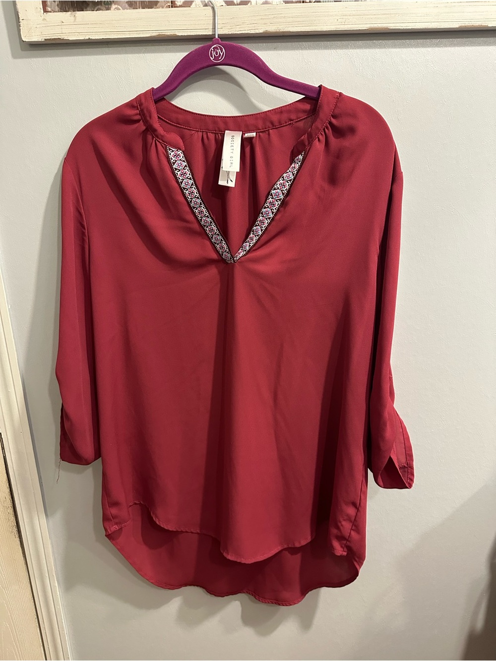 Society Deep Rose V-Neck Embroidered Trim Tunic